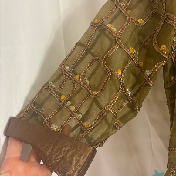 90’s VTG Satin Sequin Semi Sheer Textured Brown Gold Women’s Button Down Size M - Picture 7 of 14